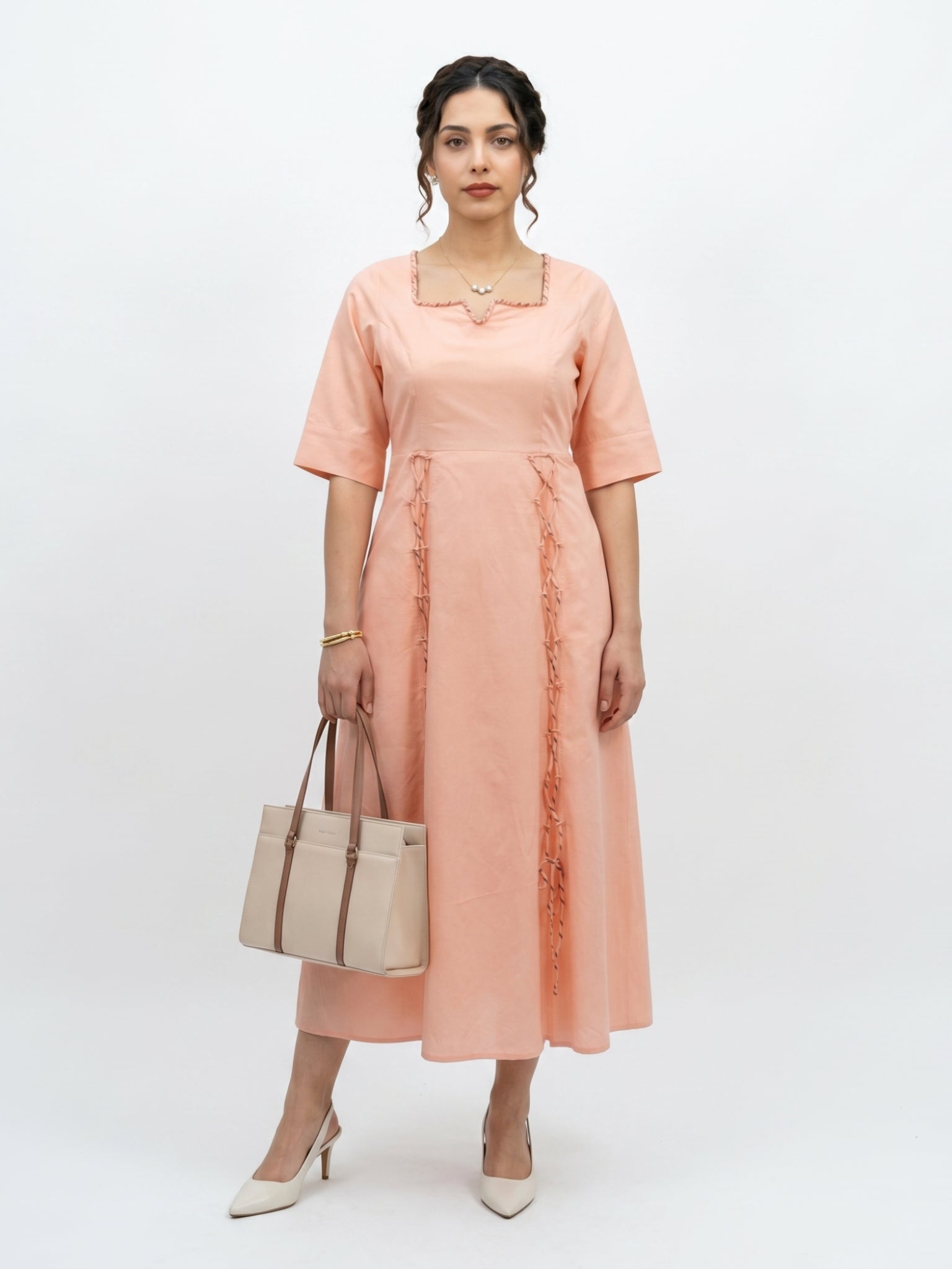 peach color dress Blossom Midi – Seen Unseen Size:7.5M FALL50 Wear Shahida Parides multi MillyBridal Cute Off-the-shoulder Ruched