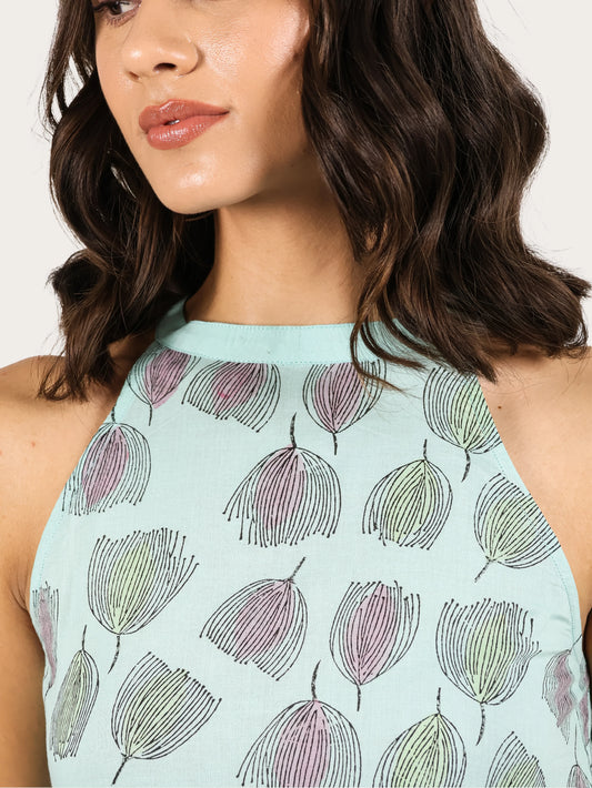 Meadow Bloom Cotton Halter Kurti- Light Blue