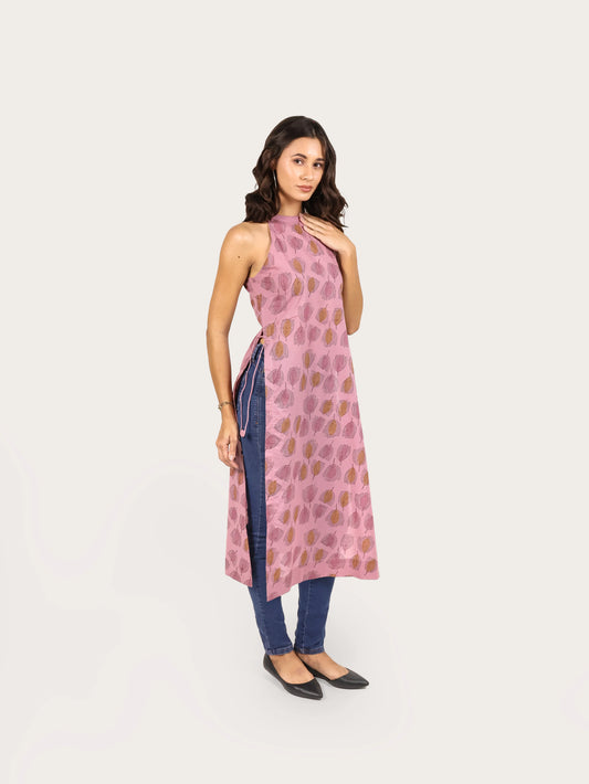 Meadow Bloom Cotton Halter Kurti- Rose Gold