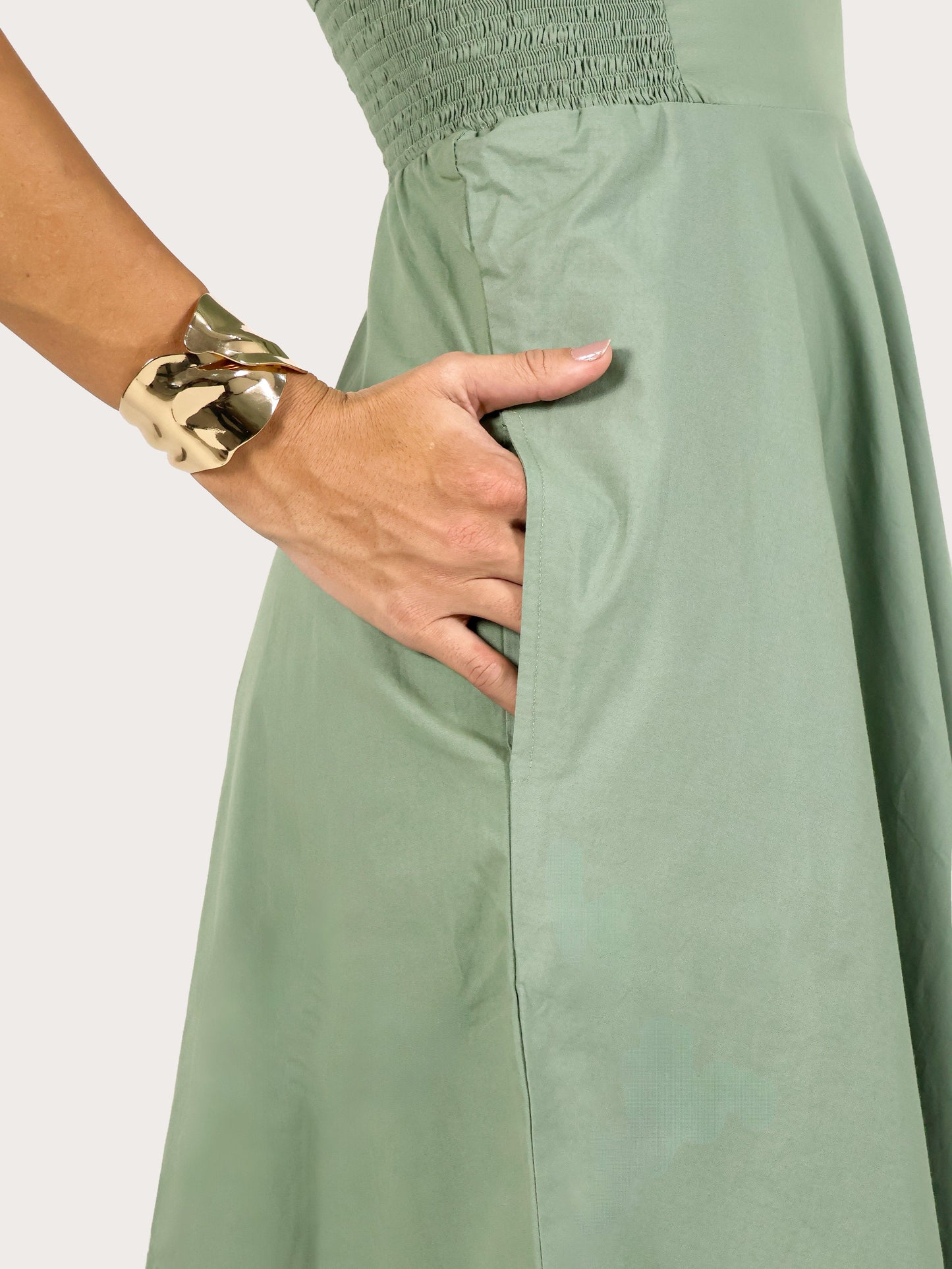 Serene Pleat Cotton Midi Dress – Sage Green