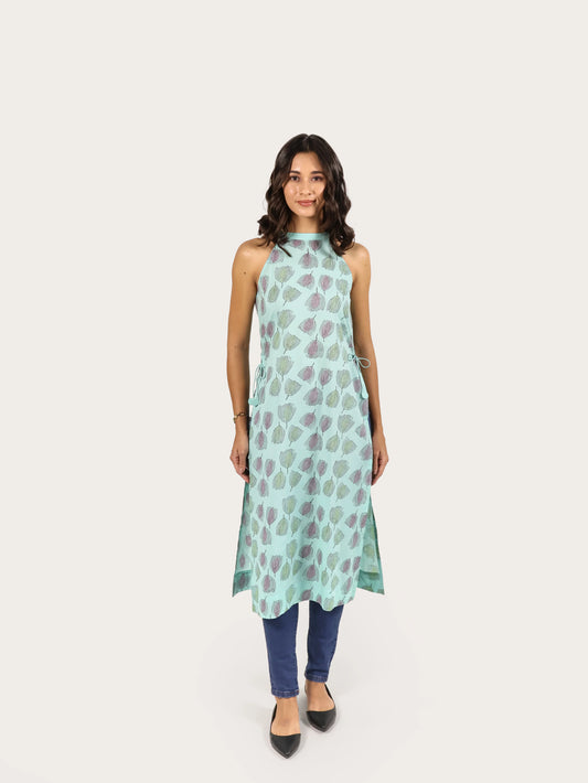 Meadow Bloom Cotton Halter Kurta- Light Blue