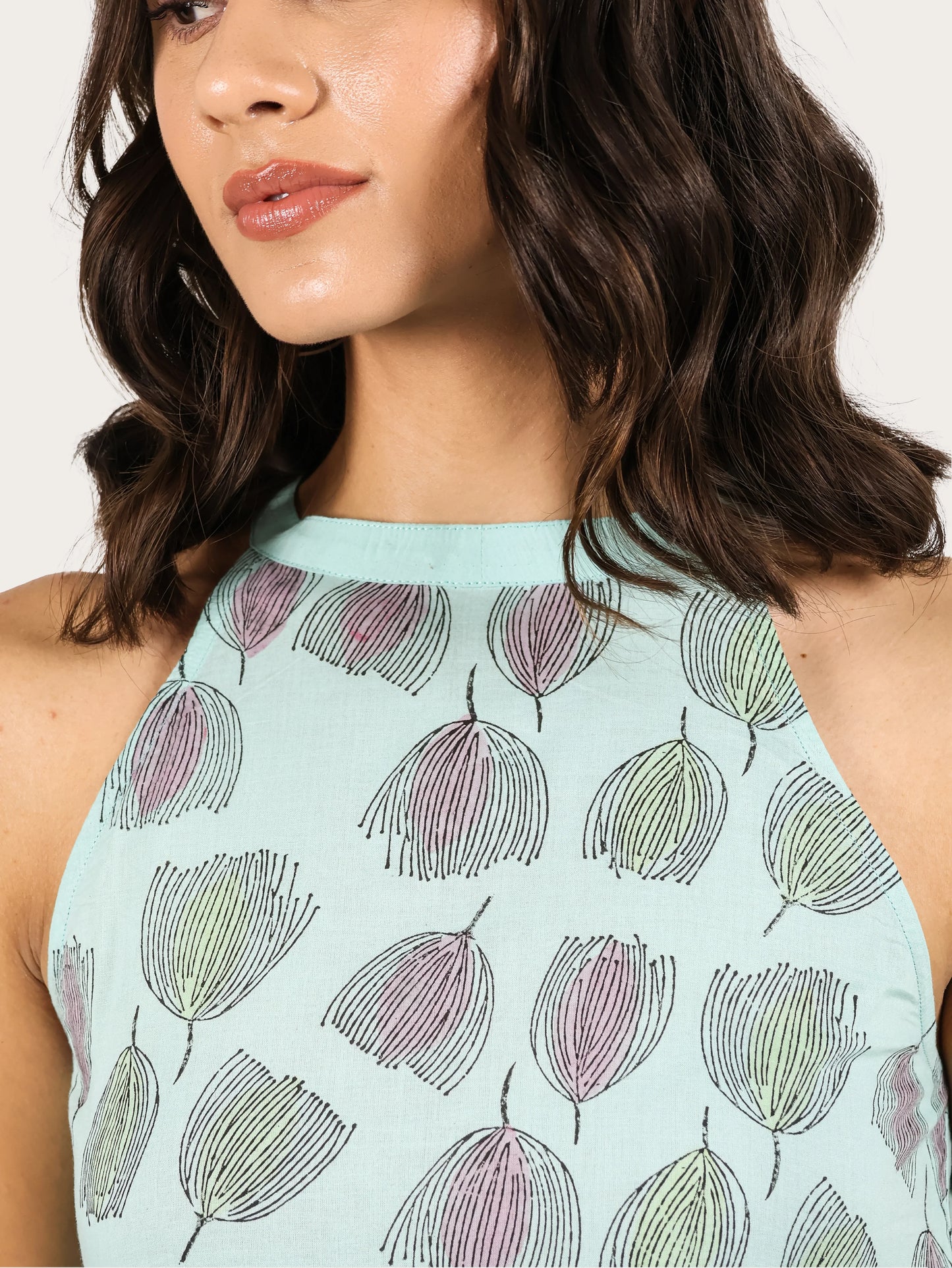 Meadow Bloom Cotton Halter Kurta- Light Blue