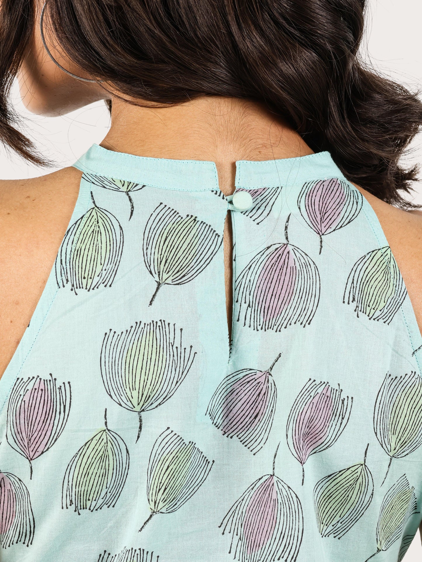 Meadow Bloom Cotton Halter Kurta- Light Blue
