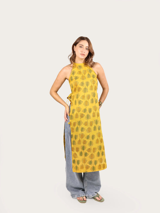 Meadow Bloom Cotton Halter Kurta- Yellow