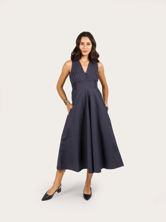 Serene Pleat Cotton Midi Dress – Cool Gray