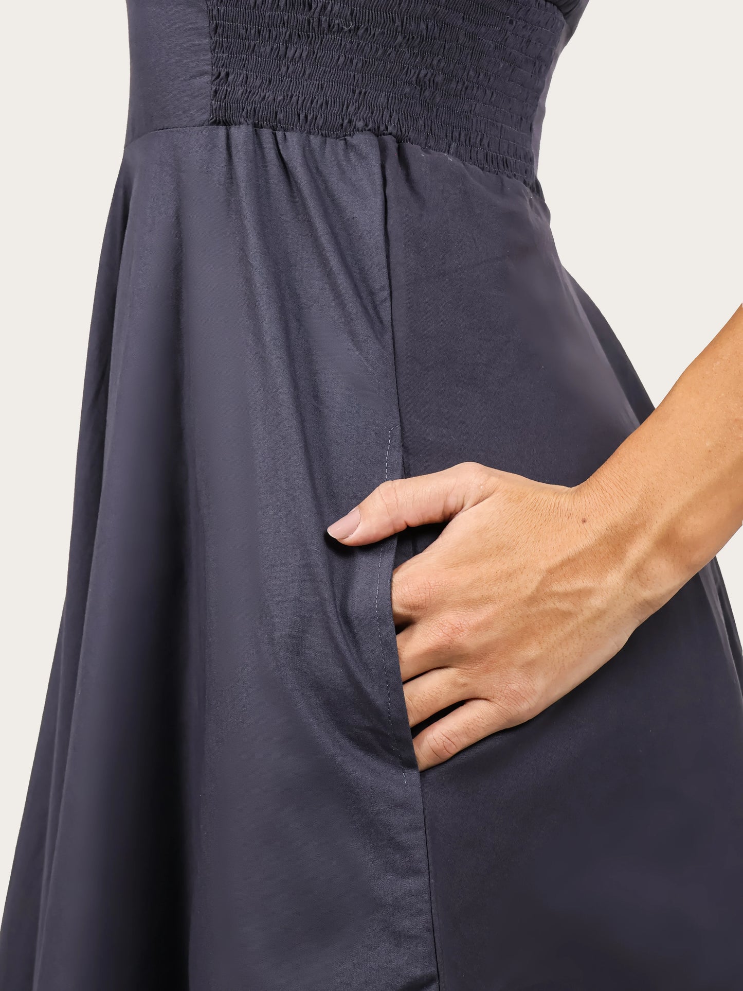 Serene Pleat Cotton Midi Dress – Cool Gray
