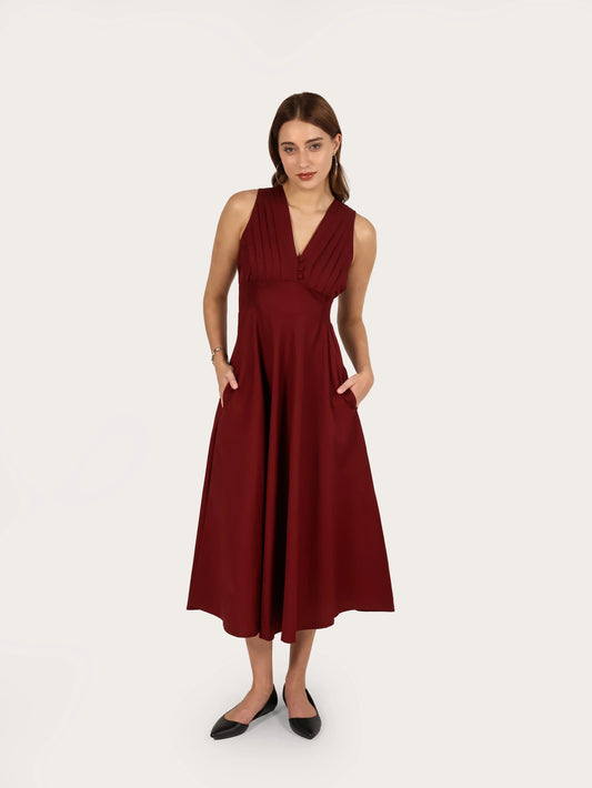 Serene Pleat Cotton Midi Dress – Wine