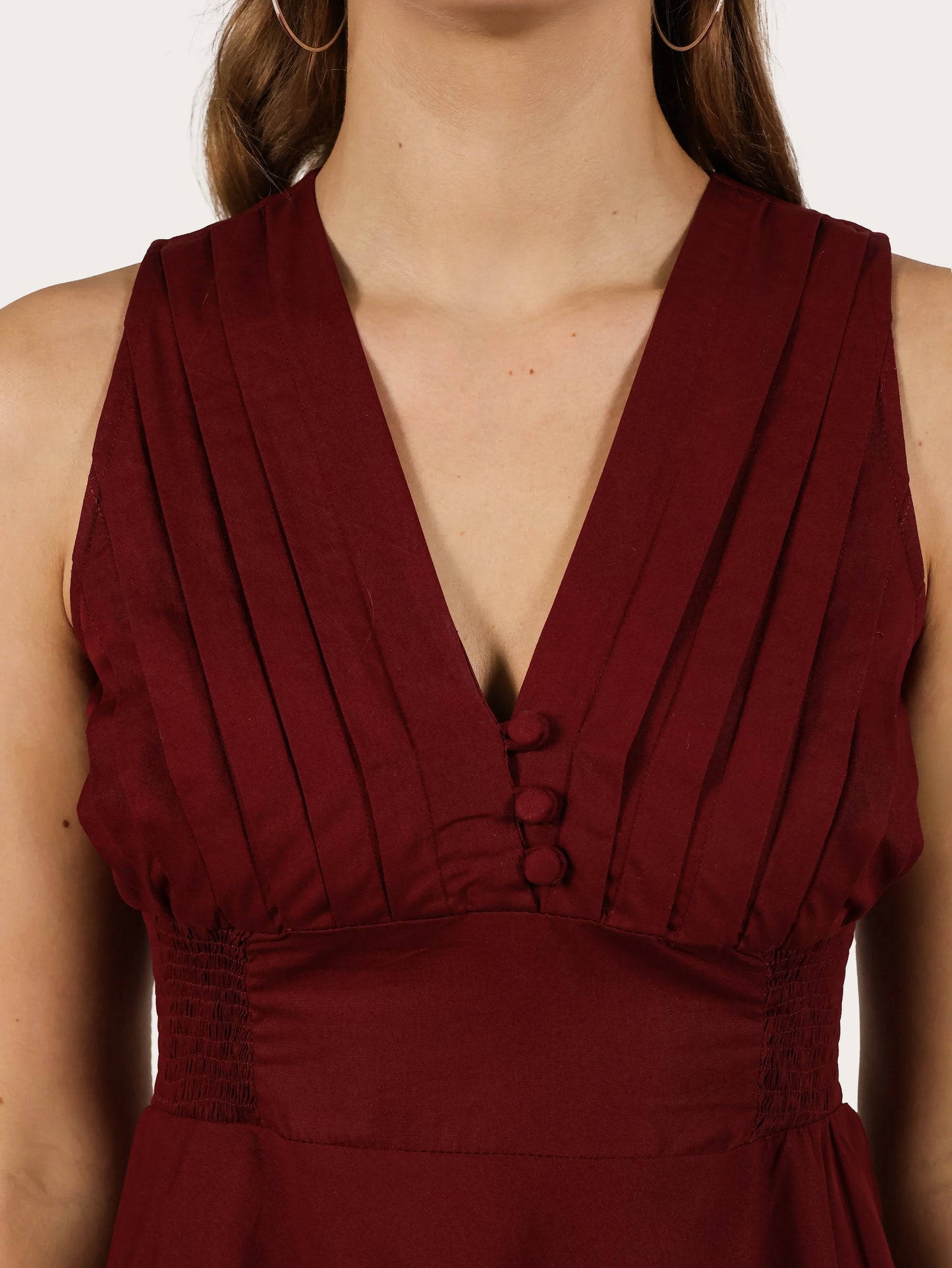 Serene Pleat Cotton Midi Dress – Wine