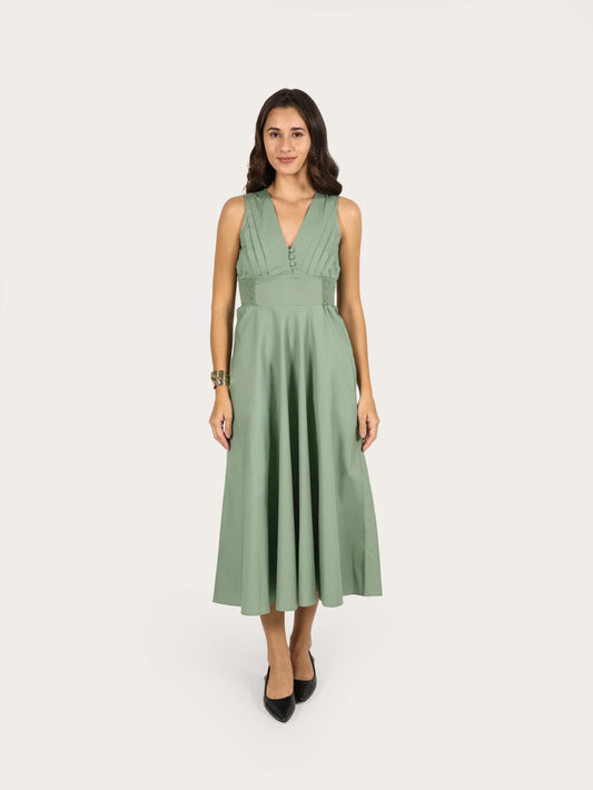 Serene Pleat Cotton Midi Dress – Sage Green