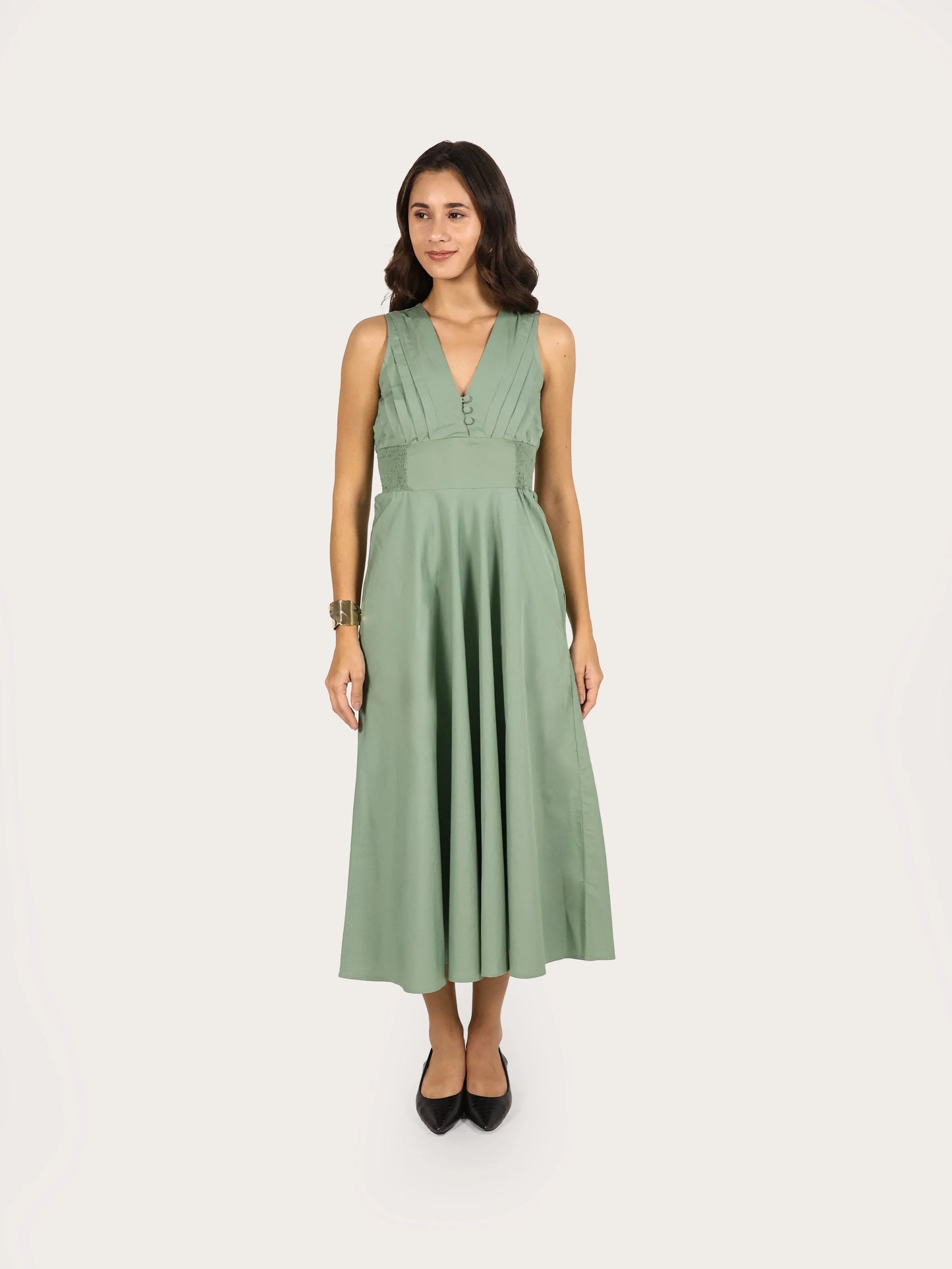 Serene Pleat Cotton Midi Dress – Sage Green