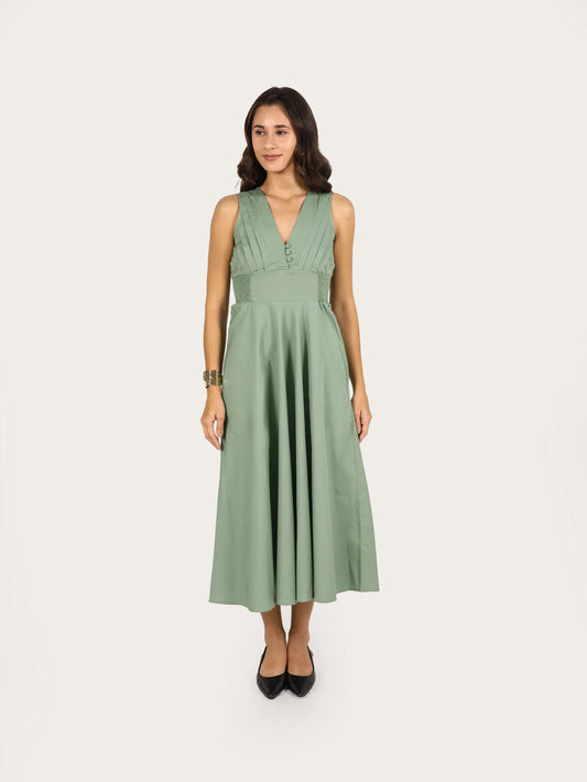 Serene Pleat Cotton Midi Dress – Sage Green