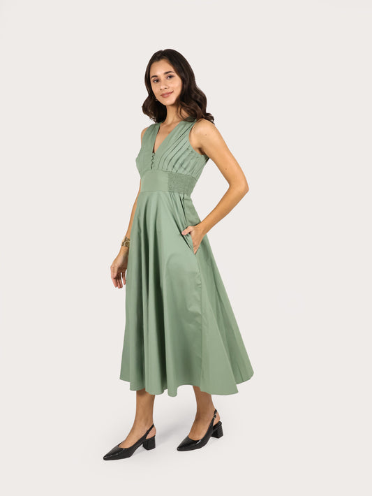 Serene Pleat Cotton Midi Dress – Sage Green