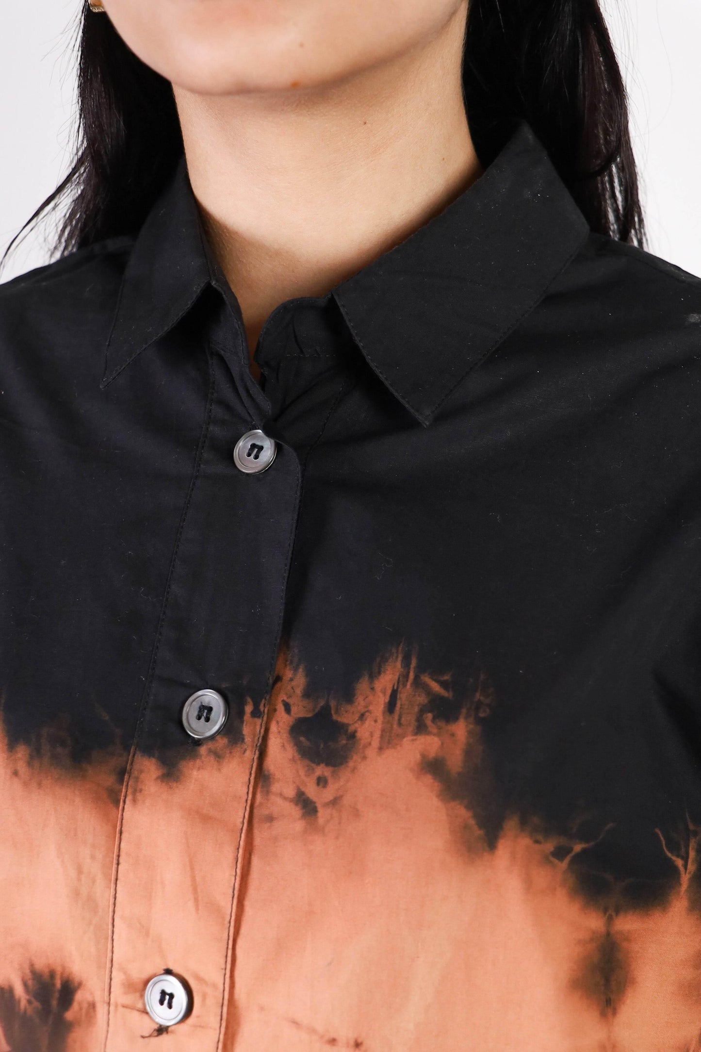 Seen Unseen black and tangerine orange tie-dye cotton shirt with button front and collar.