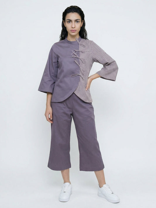 Seen Unseen mauve cotton satin co-ord set with hand block-printed stripes on asymmetrical top and cropped trousers.
