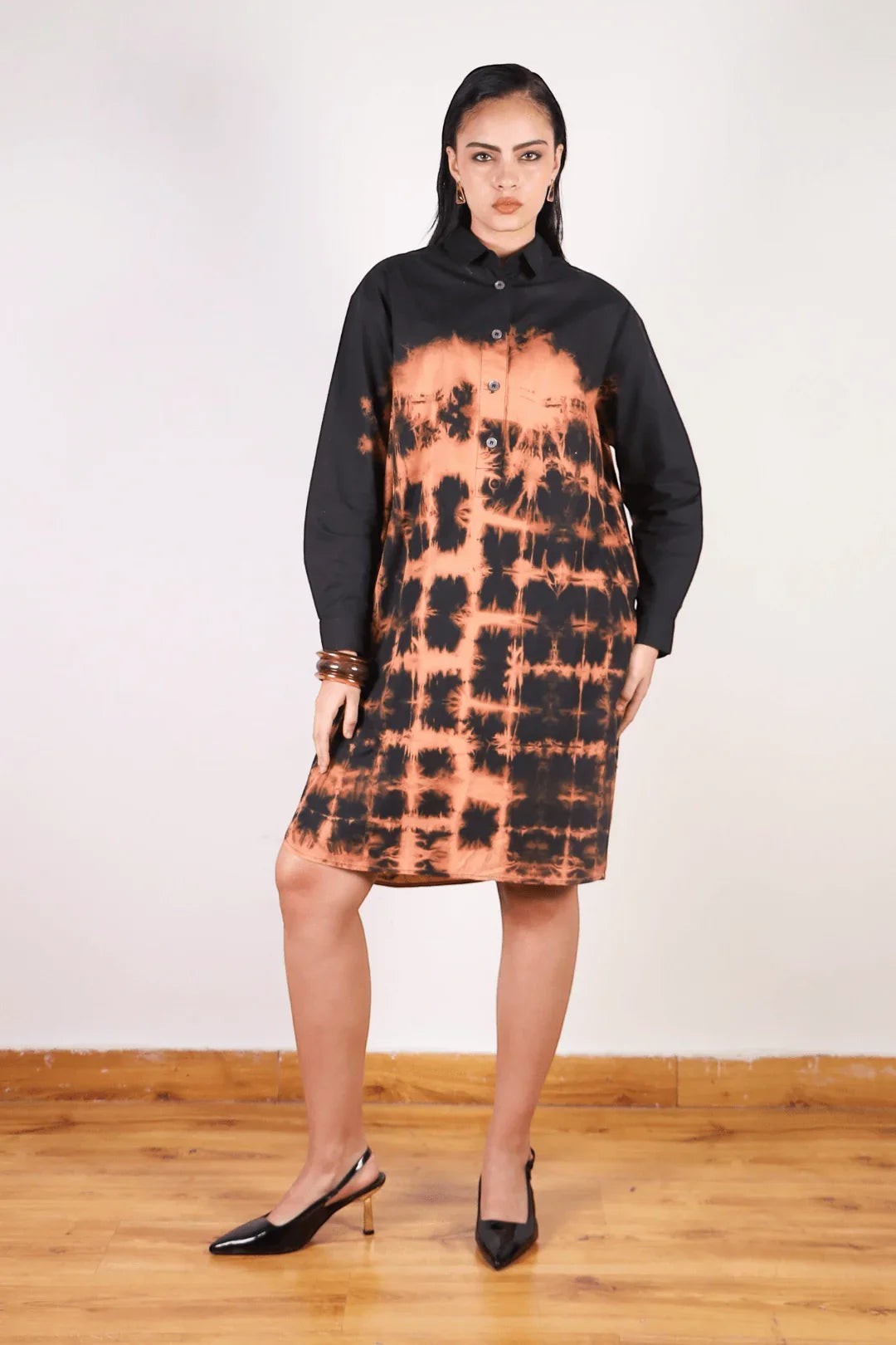 Seen Unseen tangerine orange and black tie-dye long shirt dress with oversized fit.